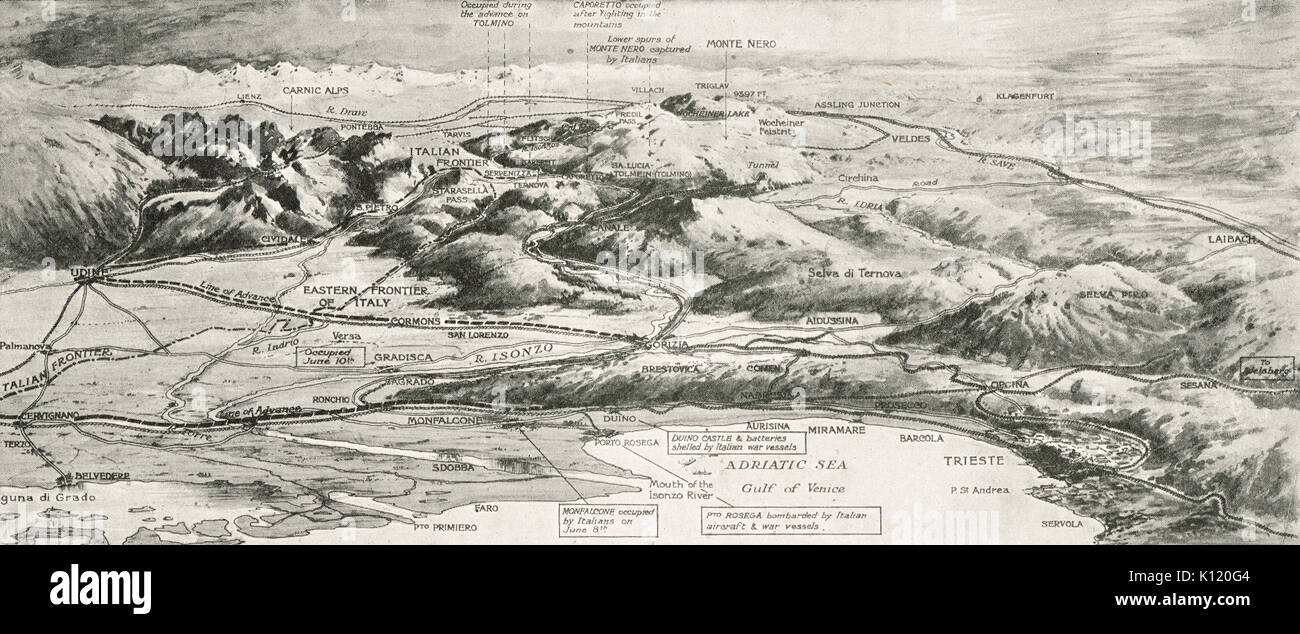 Mappa di contorno del teatro orientale della campagna italiana, WW1 Foto Stock