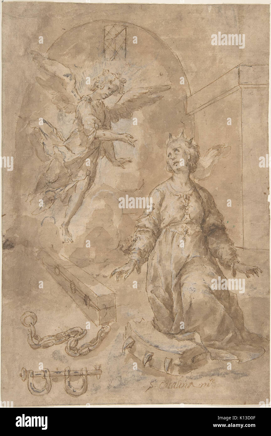 Quest'opera raffigura la scena biblica di un angelo che appare a Santa Caterina d'Alessandria mentre è imprigionata. Il rovescio del dipinto presenta un motivo a voluta, un elemento decorativo spesso trovato nell'arte classica, che combina tradizioni religiose e artistiche classiche. Foto Stock