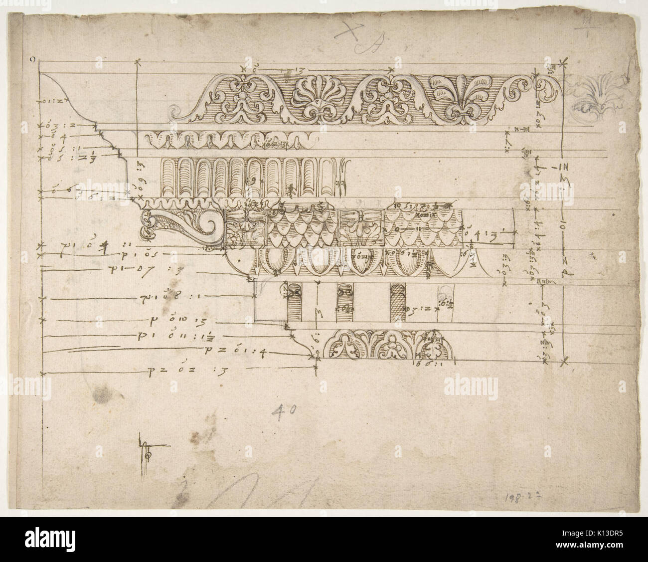 Arco di Camigliano, cornicione elevazione nel profilo, dettagli ornamentali (recto) non identificato, capitello dorico; Arco di Camigliano, cornicione profilo, sketch (verso) INCONTRATO DP810856 Foto Stock