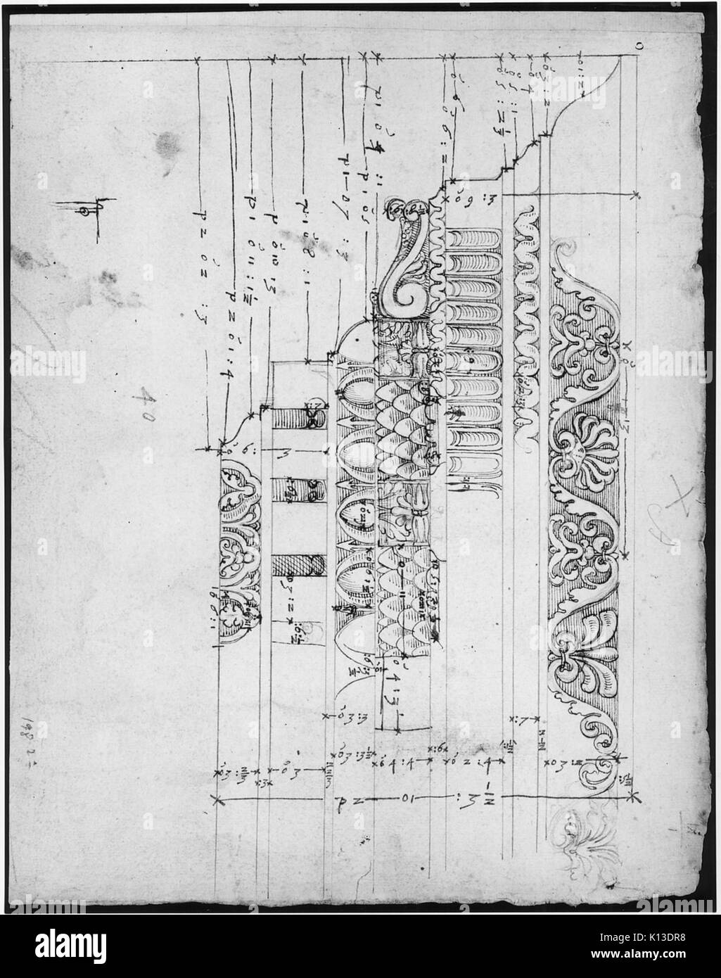 Arco di Camigliano, cornicione elevazione nel profilo, dettagli ornamentali (recto) non identificato, capitello dorico; Arco di Camigliano, cornicione profilo, sketch (verso) INCONTRATO SF68 769 17R MM43640 Foto Stock