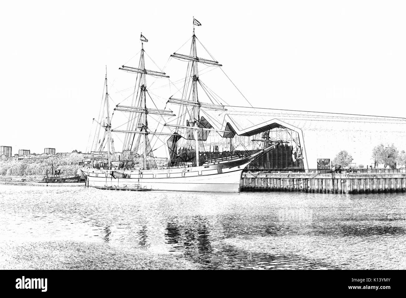 Schizzo a matita di Tall Ship, Glenlee, un vittoriano ristrutturato nave a vela, adiacente al Riverside Museum, riflessi nel fiume Clyde Foto Stock