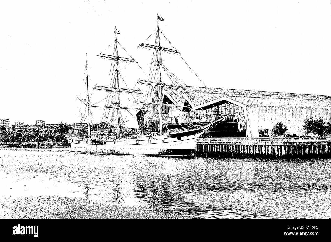 Penna e inchiostro schizzo di Tall Ship, Glenlee, un vittoriano ristrutturato nave a vela, adiacente al Riverside Museum, riflessi nel fiume Clyde Foto Stock