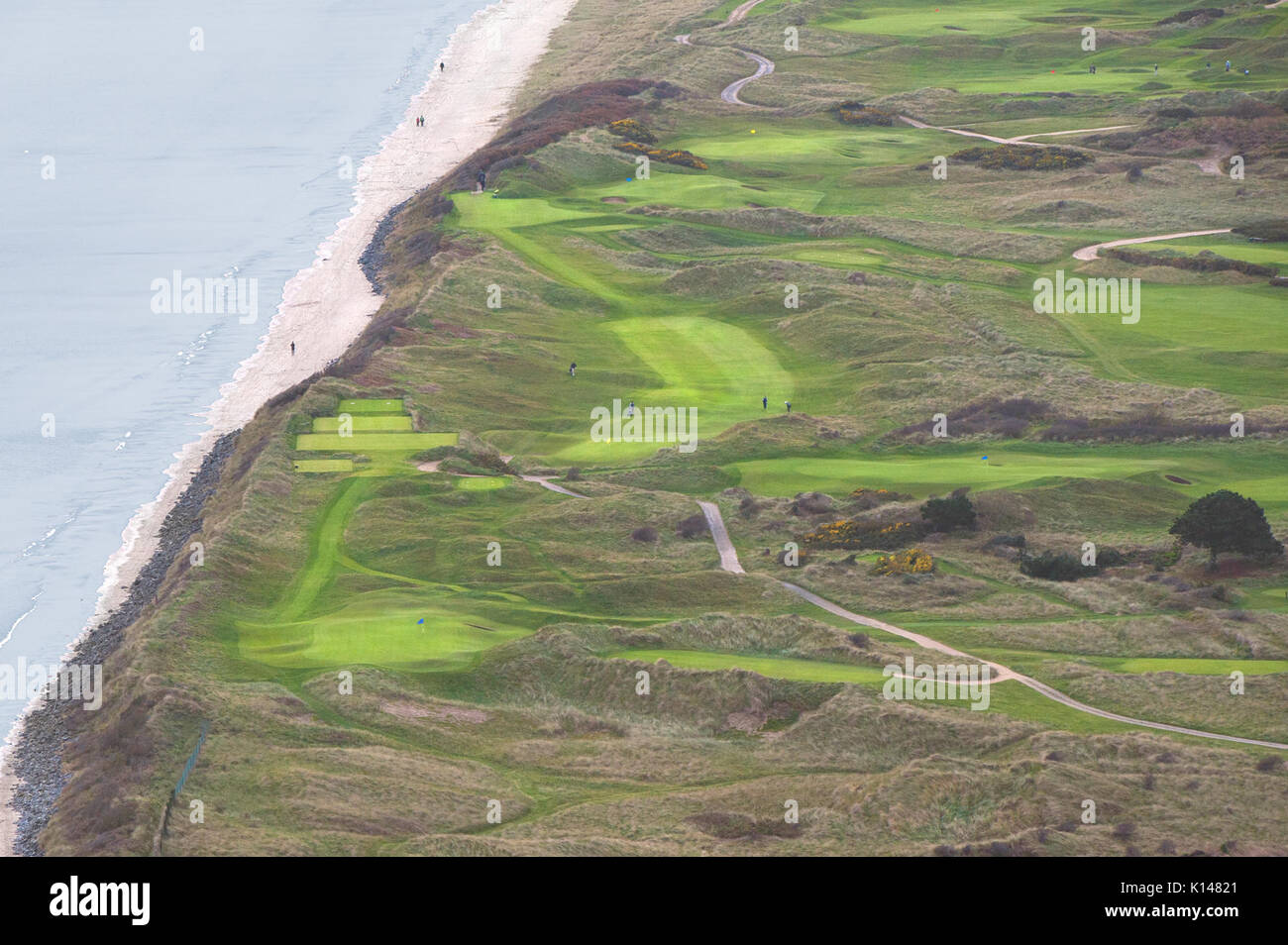 Vista aerea del XIV, XV e XVI fori a Portmarnock Golf Club, Irlanda Foto Stock