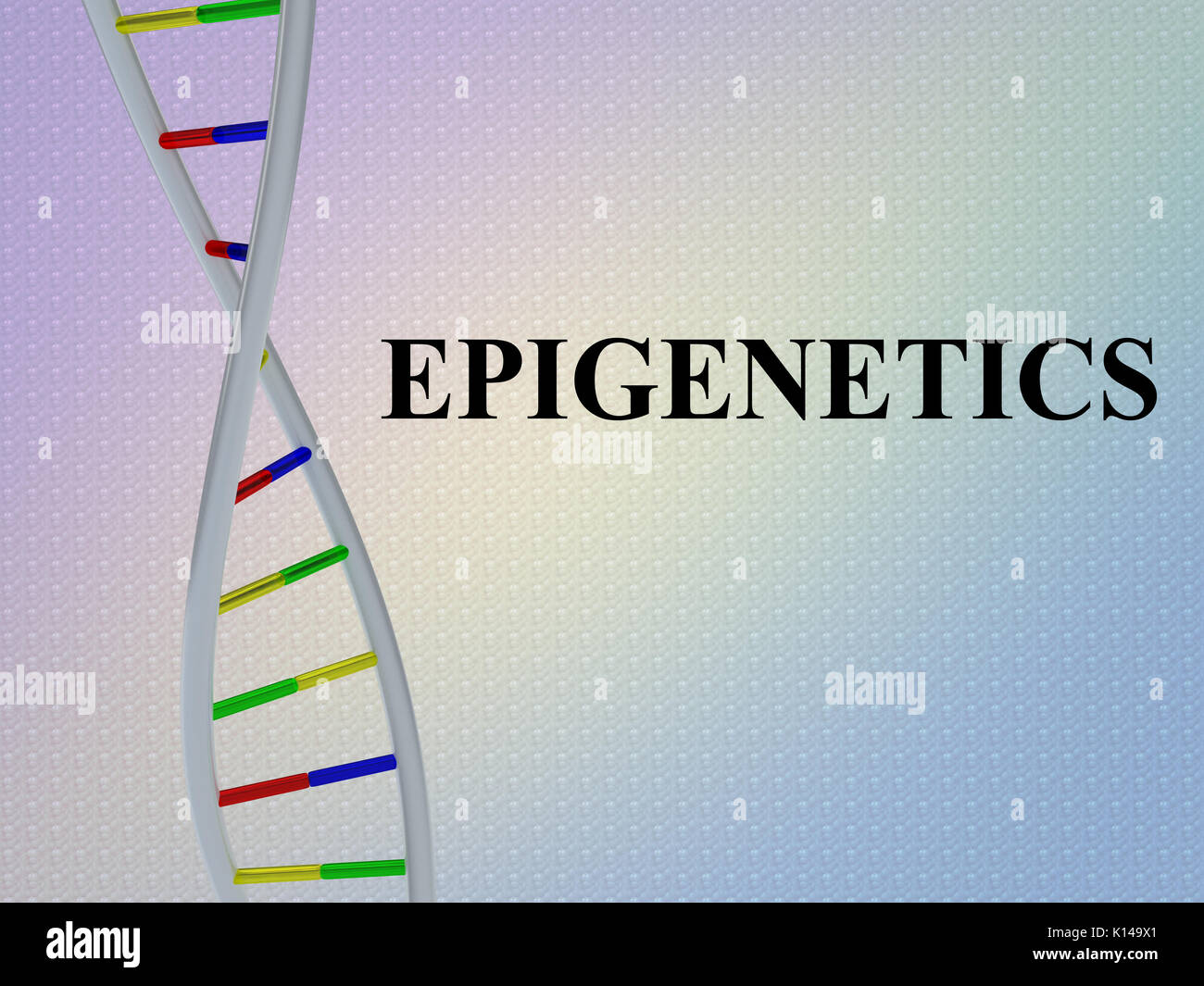 3D illustrazione di 'L'epigenetica' script con la doppia elica del DNA , isolate su pattern colorato. Foto Stock