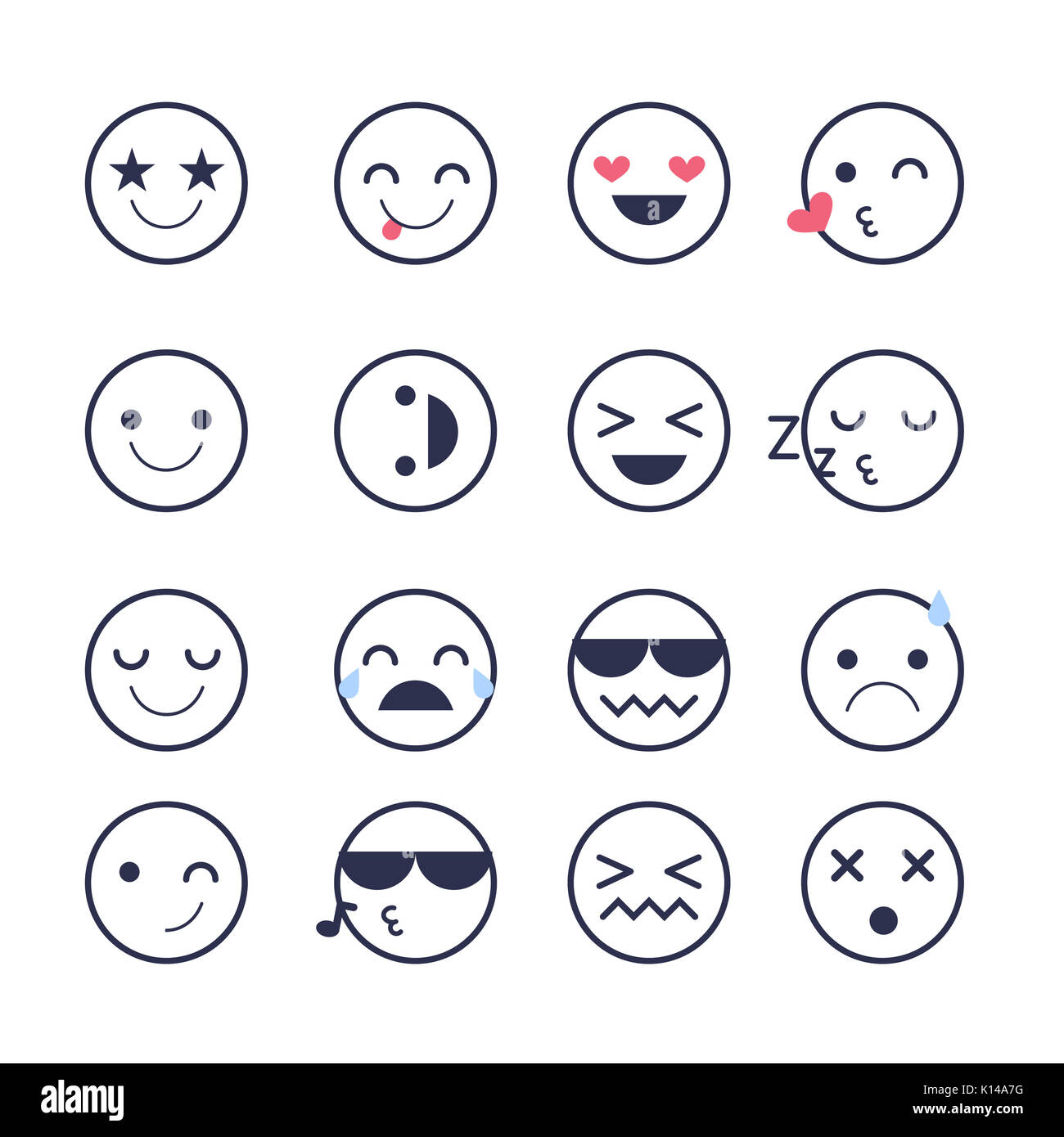 Impostare le emoticon le icone delle applicazioni e la chat. Emoticon con emozioni differenti isolati su sfondo bianco. Grande raccolta di sorrisi. Foto Stock