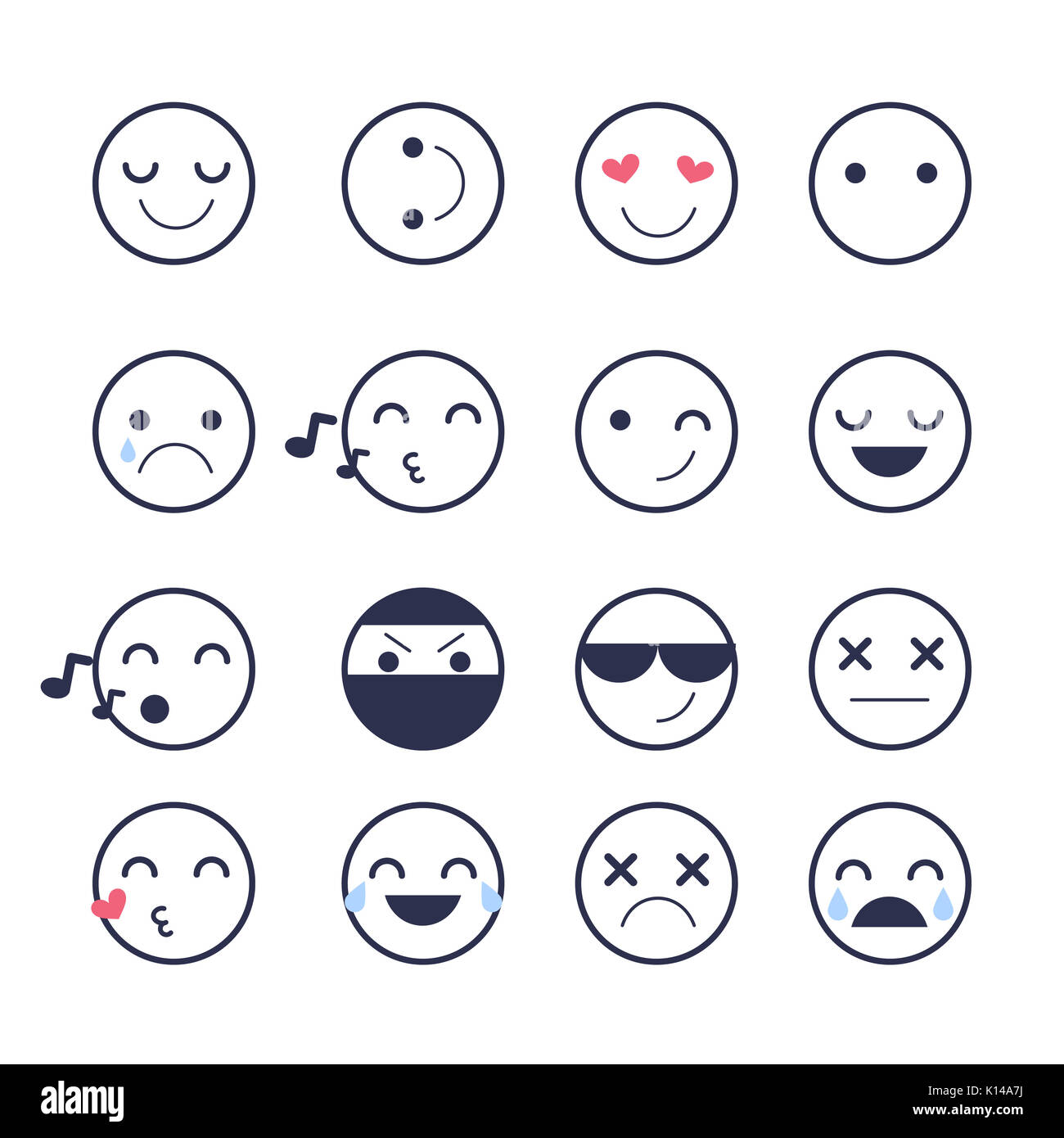 Impostare le emoticon le icone delle applicazioni e la chat. Emoticon con emozioni differenti isolati su sfondo bianco. Grande raccolta di sorrisi. Foto Stock