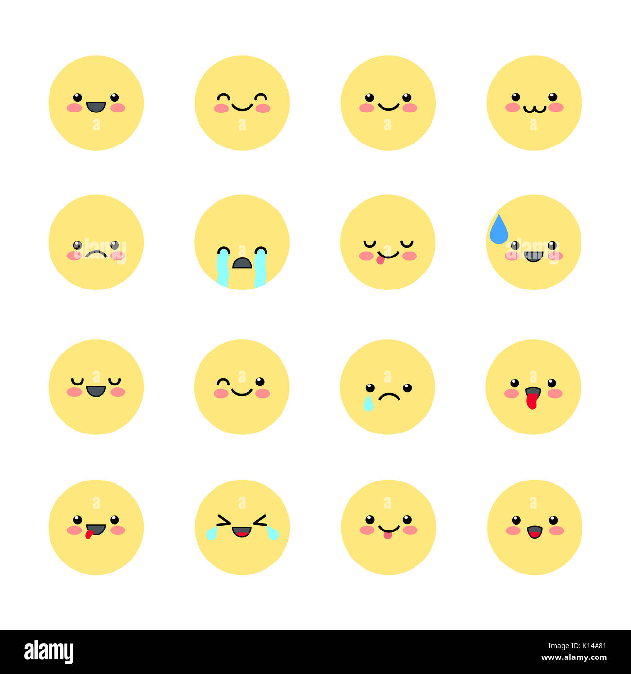 Impostare le emoticon le icone delle applicazioni e la chat. Emoticon con emozioni differenti isolati su sfondo bianco. Grande raccolta di sorrisi. Kawaii styl Foto Stock