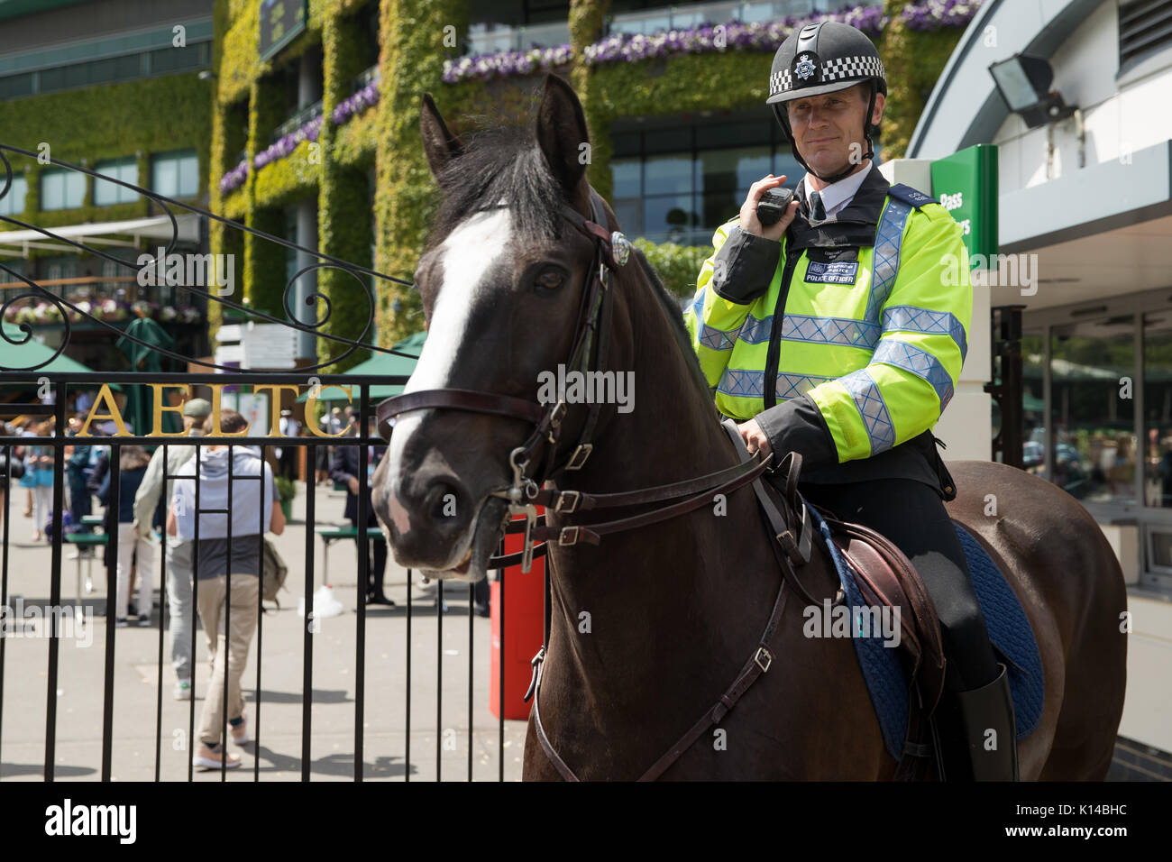 Cavallo polizia montata al di fuori dei campionati di Wimbledon Foto Stock