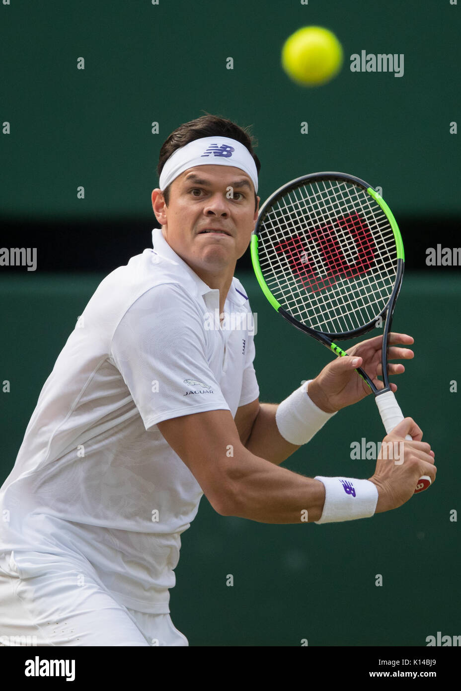 Milos Raonic del Canada presso i campionati di Wimbledon 2017 Foto Stock