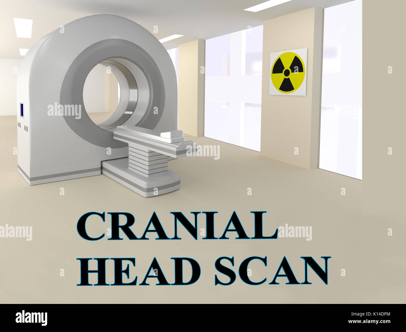 3D illustrazione di 'testa craniale scansione' titolo con CT scanner come sfondo. Foto Stock