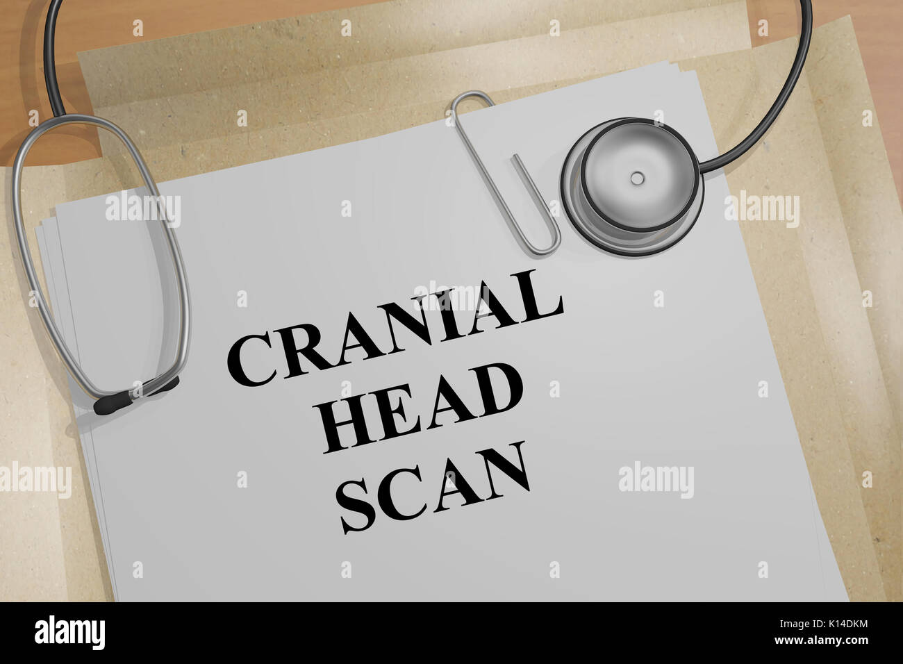 3D illustrazione di 'testa craniale SCAN" titolo su un documento medico Foto Stock