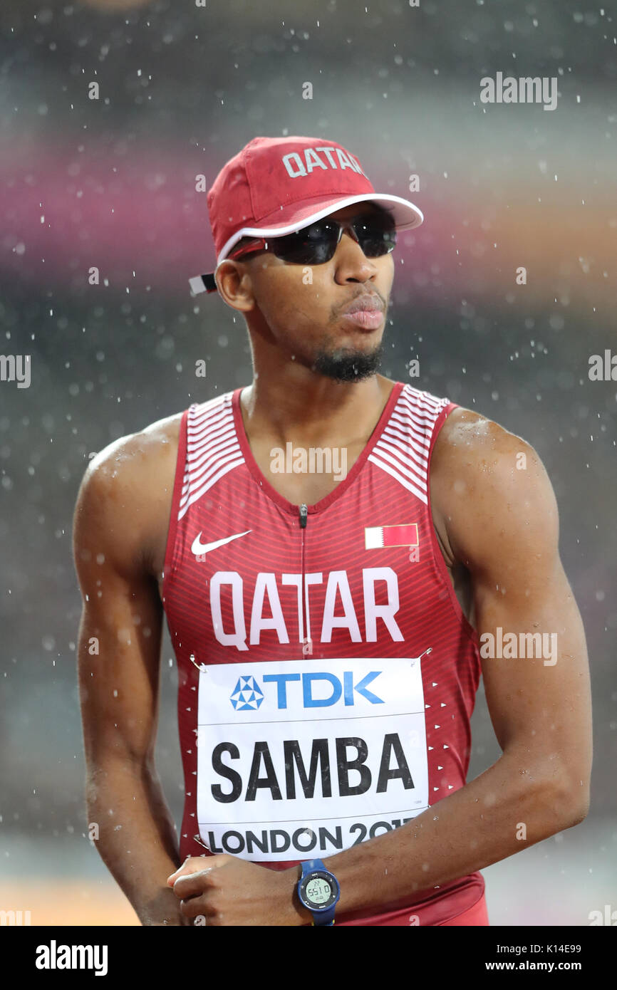 Abderrahaman SAMBA (Qatar) sulla linea di partenza degli Uomini 400m Ostacoli Finale al 2017, IAAF Campionati del Mondo, Queen Elizabeth Olympic Park, Stratford, Londra, Regno Unito. Foto Stock