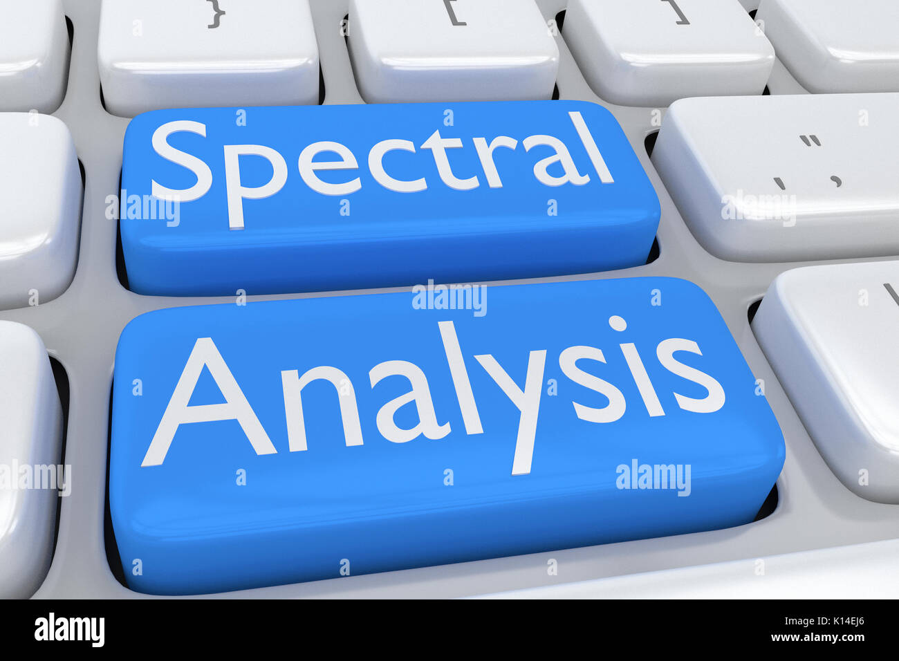 3D illustrazione della tastiera del computer con lo script 'Spectral' Analisi su due pale adiacenti i pulsanti blu Foto Stock