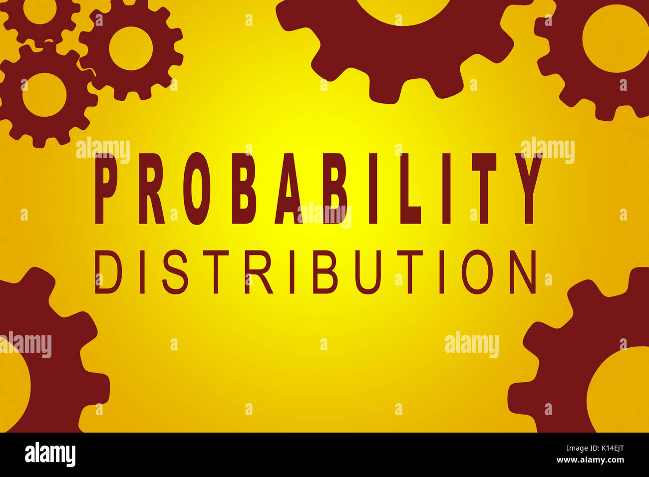 Distribuzione di probabilità concetto di segno illustrazione con red ruota dentata figure su sfondo giallo Foto Stock