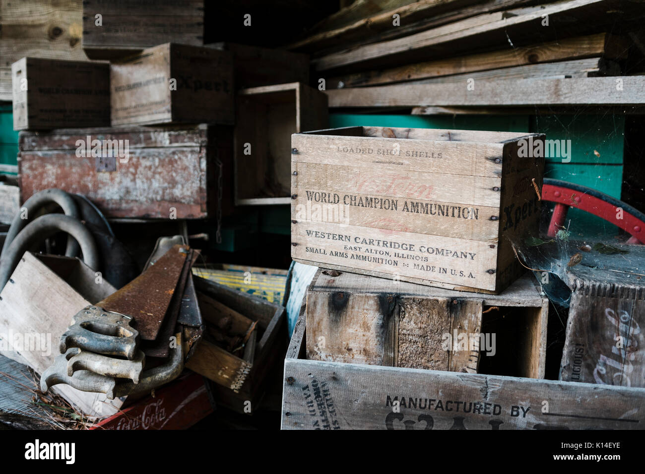 Scatola vintage contrassegnata dalla Western Cartridge Company di East Alton Illinois, trovata in un vecchio capannone insieme ad altre scatole e utensili vintage. Foto Stock