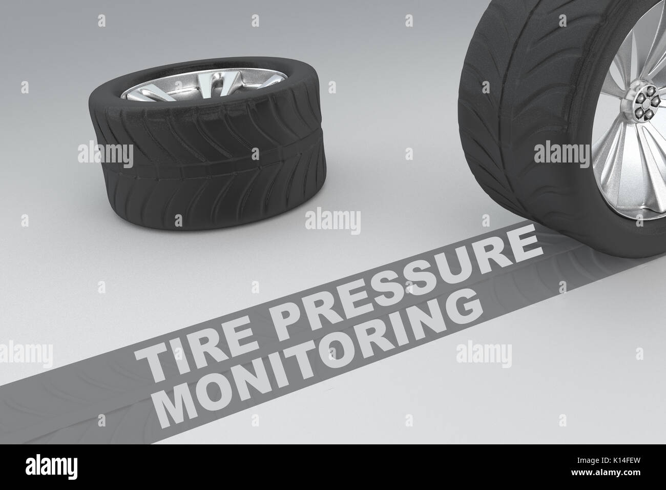 Monitoraggio pressione pneumatici sicurezza immagine concettuale del 3D reso ruote con pneumatici e segno su traccia scura che mostra le distanze di frenata su backgro grigio Foto Stock