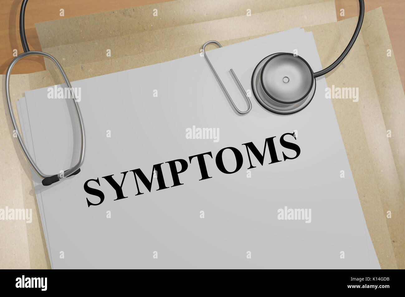 3D illustrazione di 'SYMPTOMS" titolo su un documento medico Foto Stock