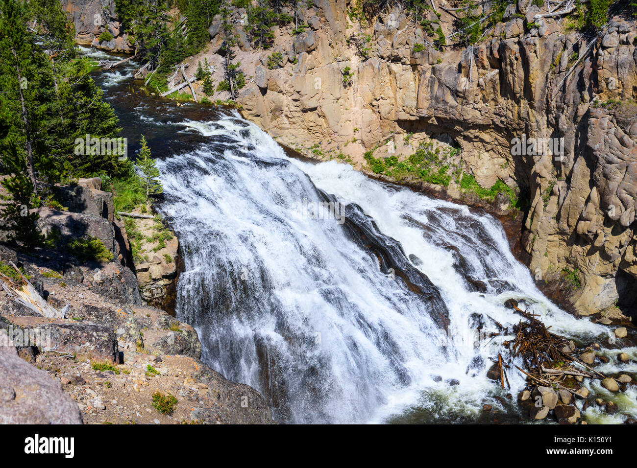 Cascata di montagna. lisce come la seta che scorre acqua. Il parco nazionale di Yellowstone, Stati Uniti d'America Foto Stock