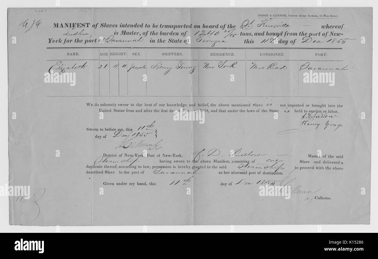 Un manifesto per una nave chiamata il Knoxville, vincolati dal porto di New York, per specificare che essi sono il trasporto di un singolo denominato slave Elizabeth, documento specifica che questo schiavo non è stato portato in negli Stati Uniti dopo il 1 gennaio 1808 al fine di conformarsi con la legge federale che vieta l' importazione di schiavi, 1855. Dalla Biblioteca Pubblica di New York. Foto Stock