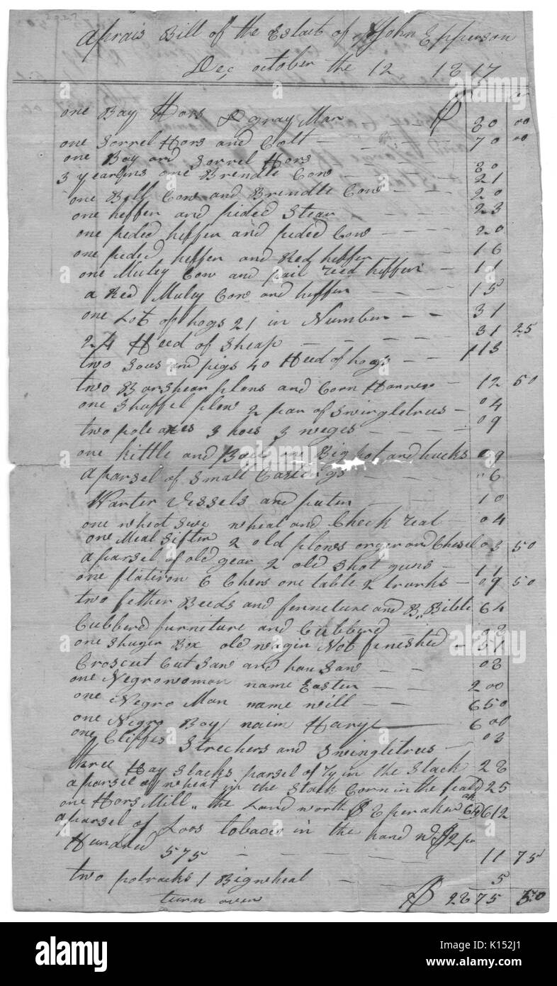 La prima pagina di un scritto a mano di valutazione per la station wagon di John Epperson, che include numerosi schiavi elencati con il resto del defunto averi, 1817. Dalla Biblioteca Pubblica di New York. Foto Stock