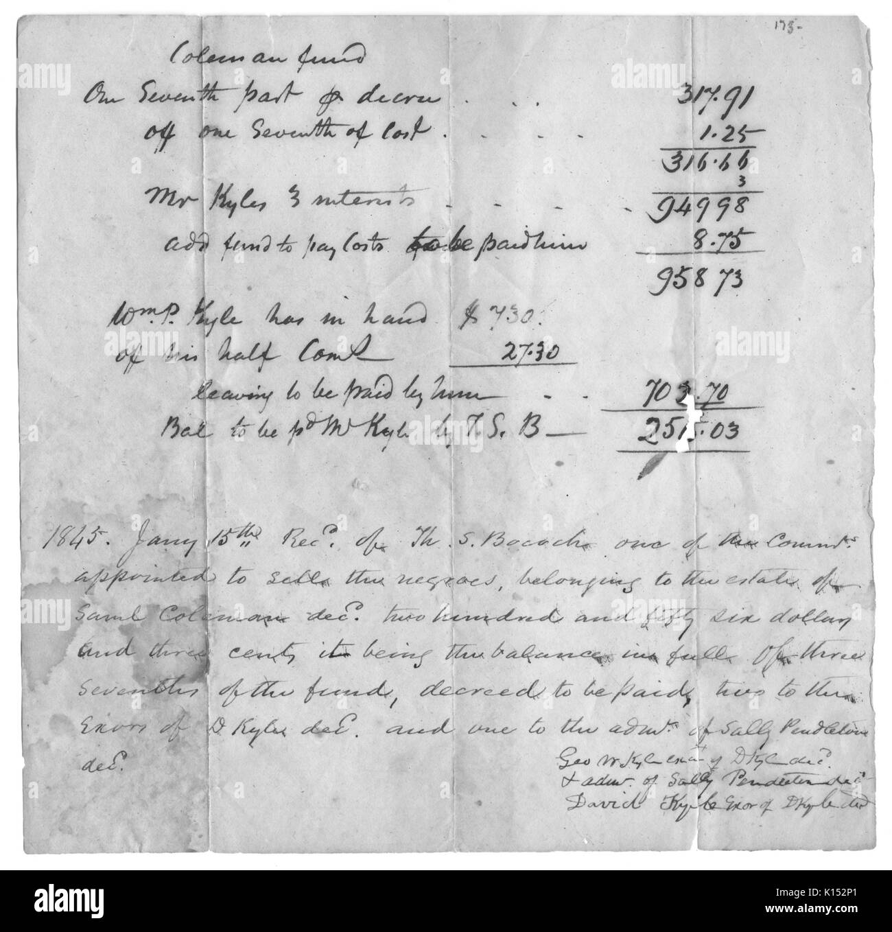 Una scritta a mano fattura di vendita per gli schiavi al fine di saldare un debito immobiliare, 1845. Dalla Biblioteca Pubblica di New York. Foto Stock