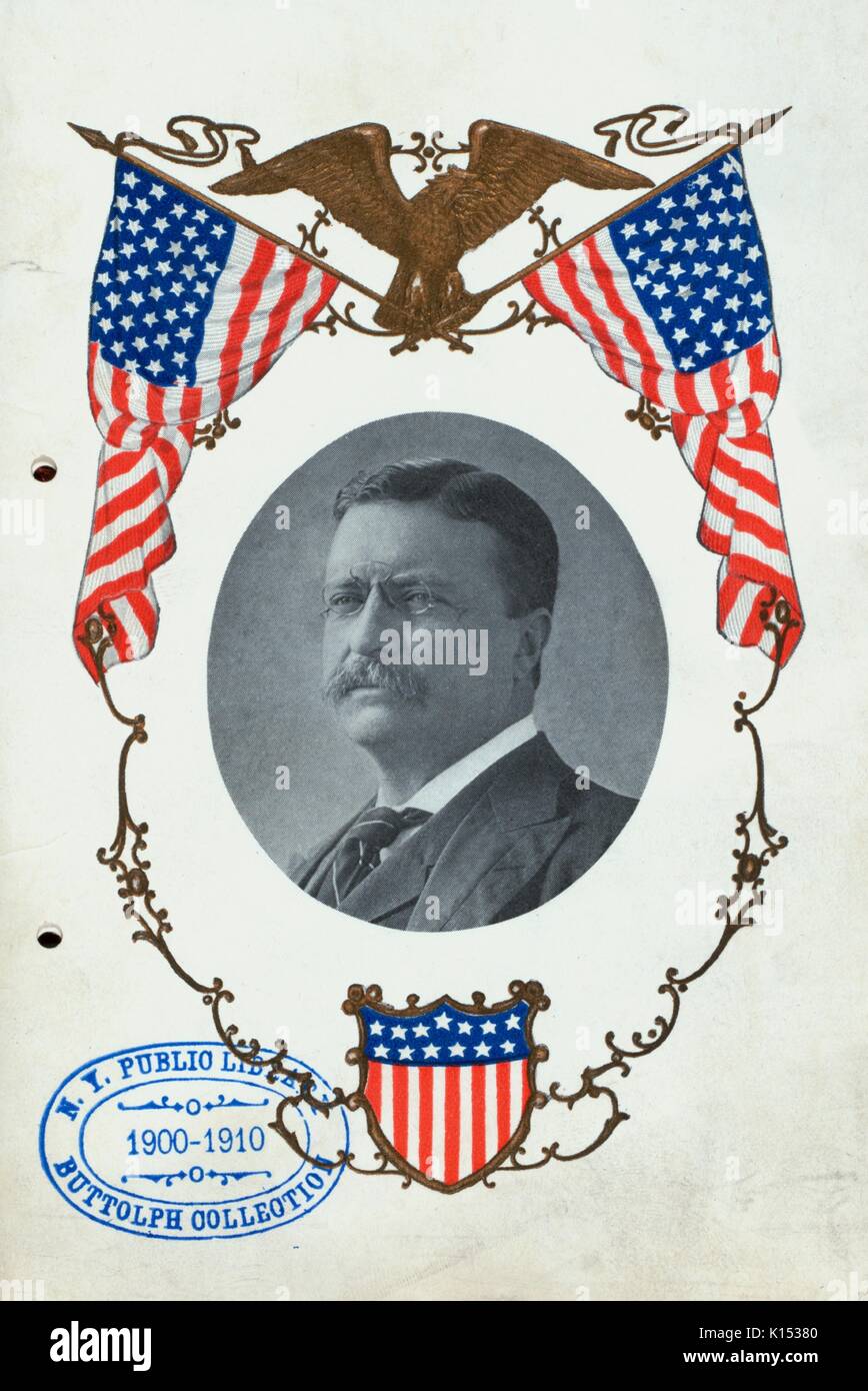 Ritratto di Theodore Roosevelt, abbellito con immagini della bandiera americana e uno scudo, 1897. Dalla Biblioteca Pubblica di New York. Foto Stock