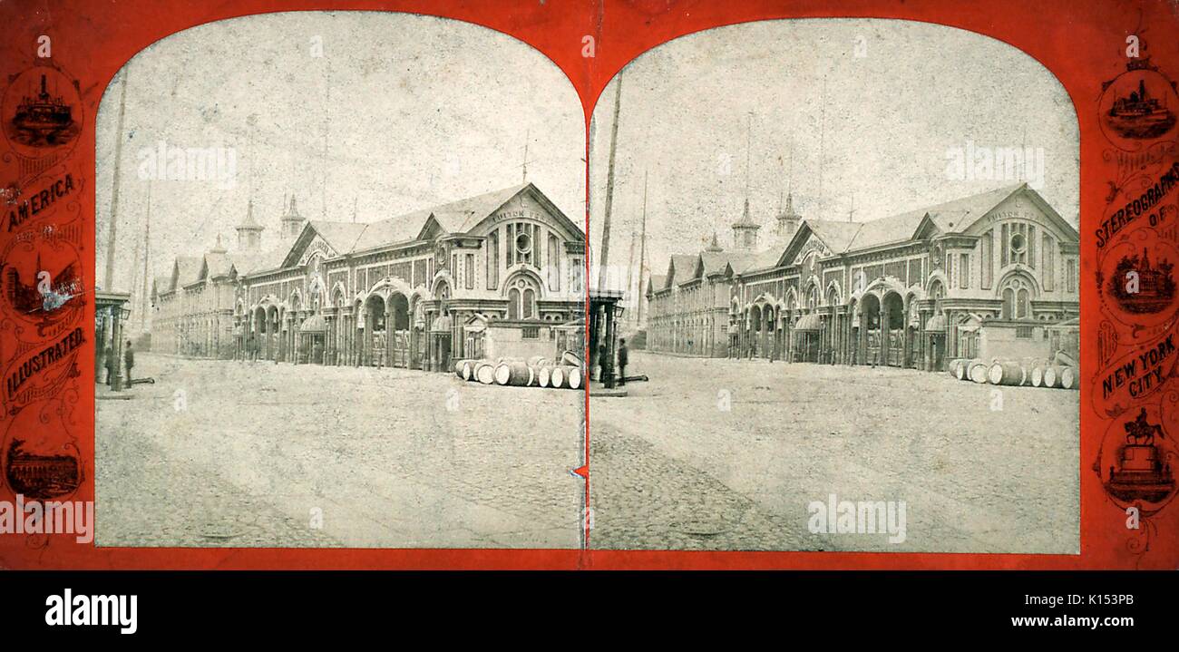 Scheda stereografica mostra il Fulton Ferry House di New York, New York, 1843. Foto Stock