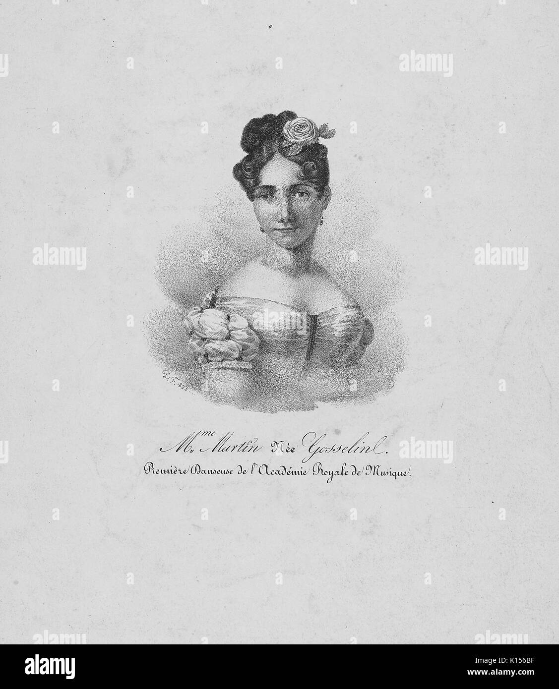 Madame Martin (nee Gosselin), ritratto, con originale francese lettura didascalia "premiere danseuse de l'Academie Royale de Musique", tradotto "Premiere ballerino del Royal Academy of Music", 1823. Dalla Biblioteca Pubblica di New York. Foto Stock