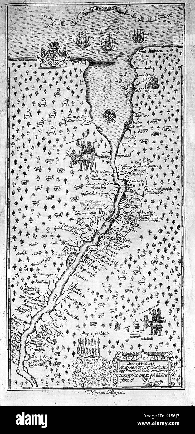 Nova Svecia, una mappa di insediamenti svedesi lungo il Fiume Delaware, 1696. Dalla Biblioteca Pubblica di New York. Foto Stock