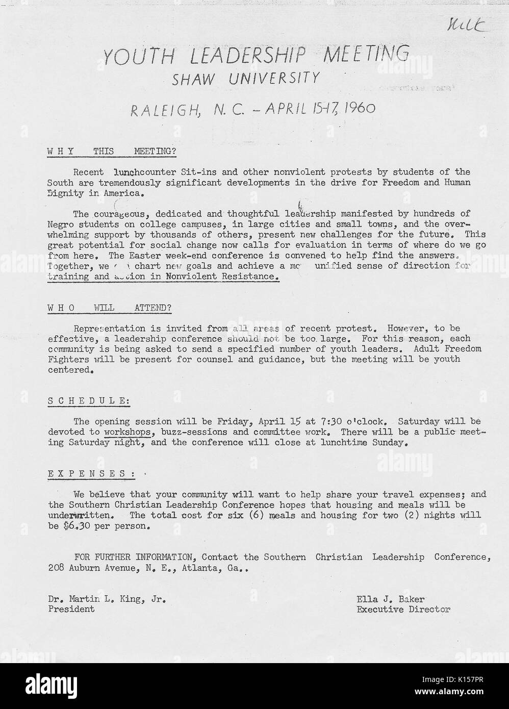 Flyer annunciando una Gioventù Leadership Meeting che si terrà alla Università di Shaw, Raleigh, North Carolina, su aprile 15-17, 1960 e recanti i nomi di Martin Luther King, Jr e Ella J Baker, il presidente e il direttore esecutivo, rispettivamente della Southern Christian Leadership Conference, aprile 1960. Dalla Biblioteca Pubblica di New York. Foto Stock