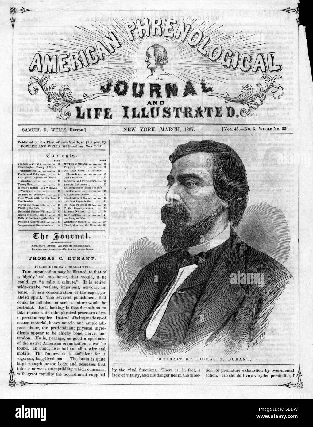 Thomas C Durant, ritratto in American Phrenological Journal, 1867. Dalla Biblioteca Pubblica di New York. Foto Stock