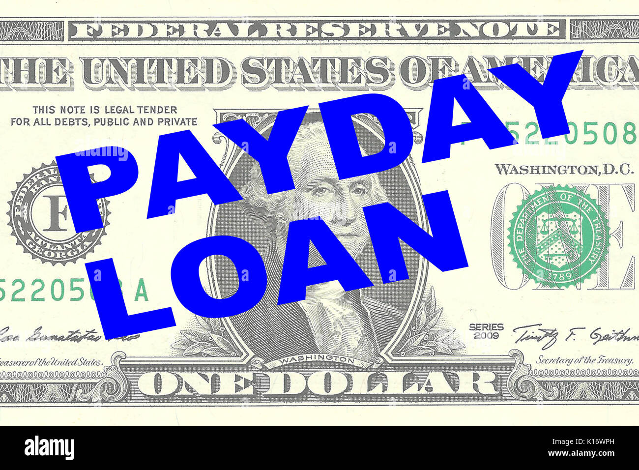Il rendering di illustrazione di 'payday loan" titolo su un Dollaro come sfondo Foto Stock