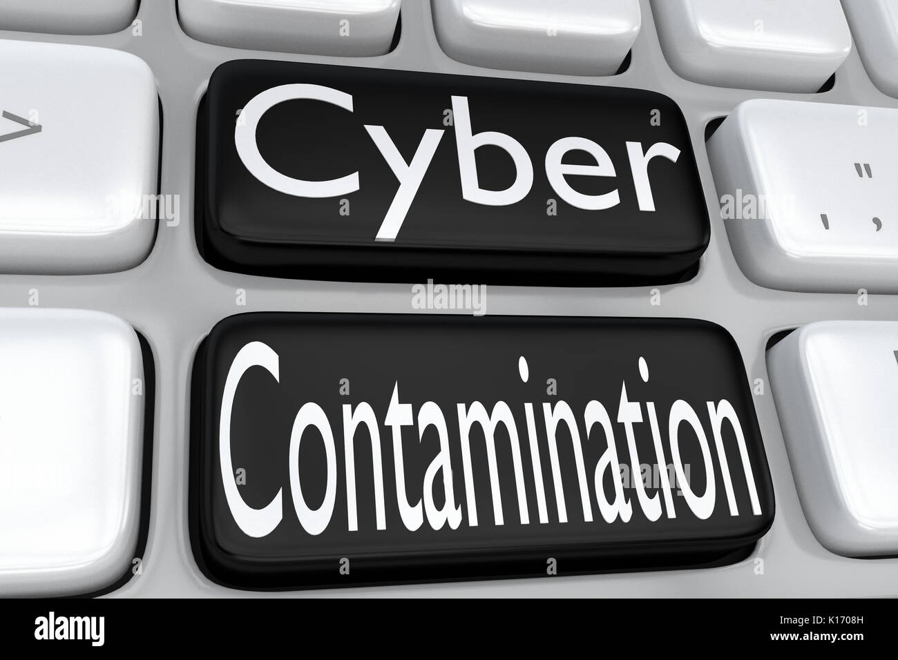3D illustrazione della tastiera del computer con la stampa 'Cyber contaminazione" su due adiacenti di tasti neri. Foto Stock