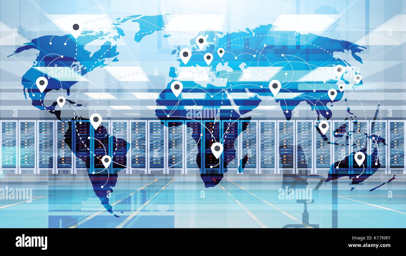 Mappa mondo oltre il Data Center Hosting Sala Computer Server Database di informazioni Illustrazione Vettoriale