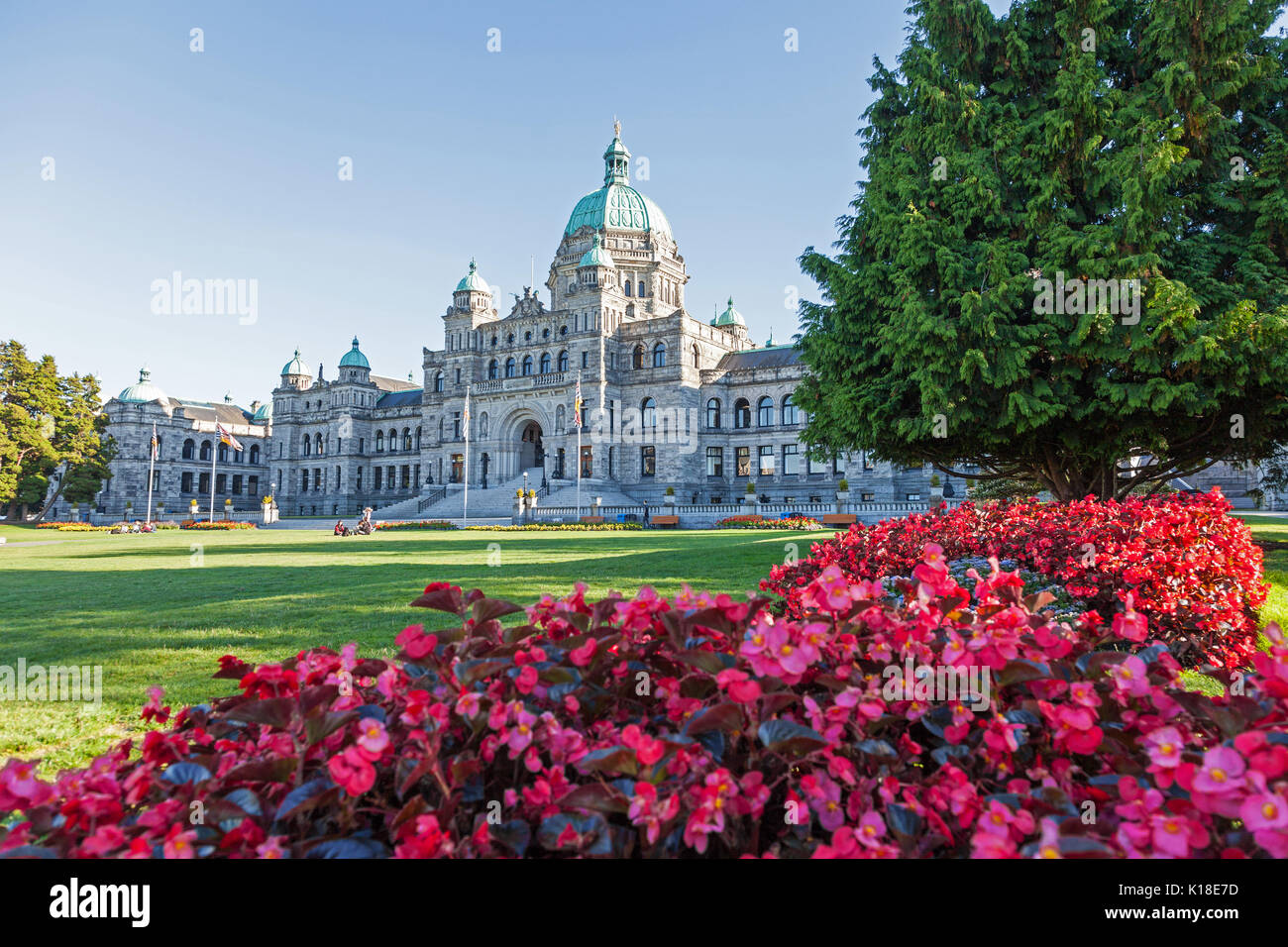 Red Begonia fiori di fronte gli edifici del Parlamento a Victoria, Canada, America del Nord Foto Stock