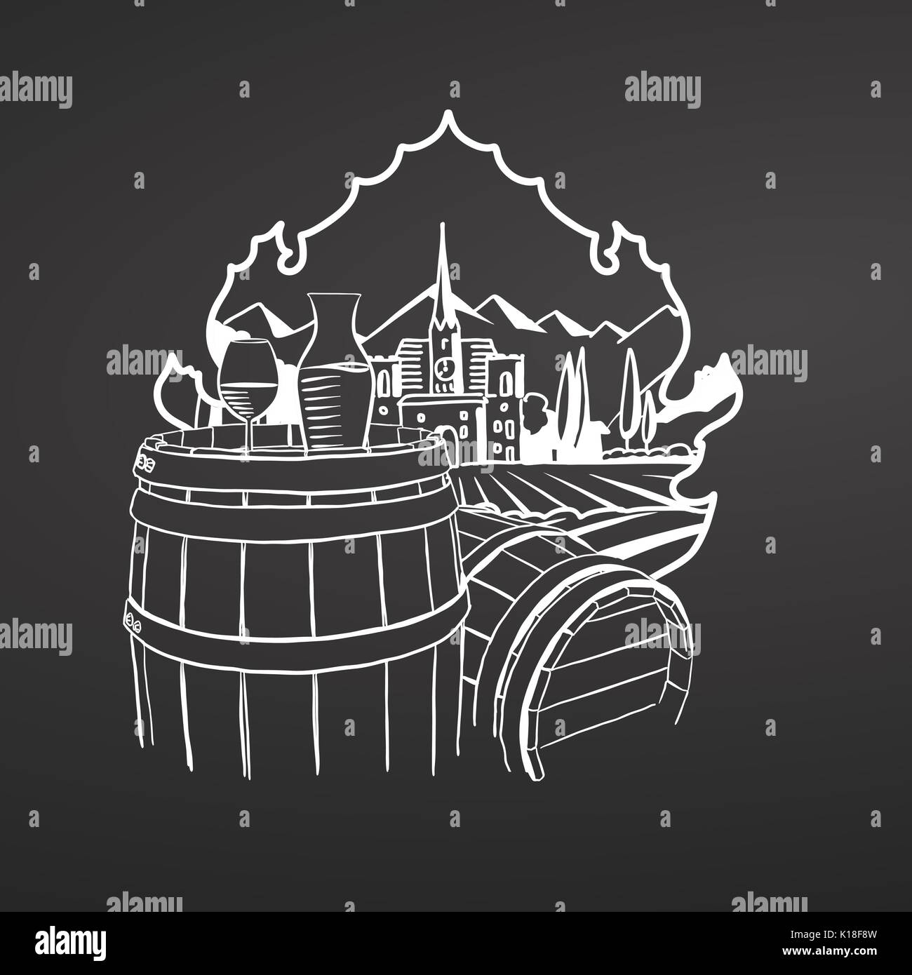 Il vino in botti. Il gesso sulla lavagna. Disegnata a mano paesaggio di vigneti. Uno scenario paesaggistico. In bianco e nero. In stile vintage illustrazione vettoriale. Illustrazione Vettoriale