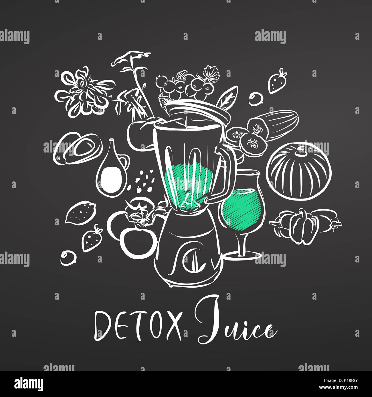 Detox succo. Verdure e miscelatore. Il gesso sulla lavagna. Disegnati a mano, vegetariano cibo sano e scritte. Nero, Verde e bianco. Illustrazione Vettoriale