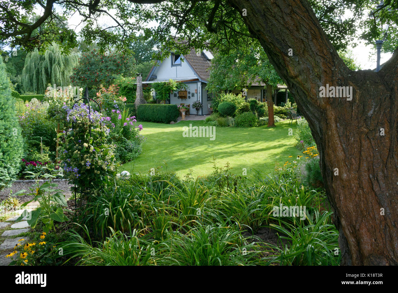 Giardino con letti perenne e prato. design: marianne e detlef lüdke Foto Stock