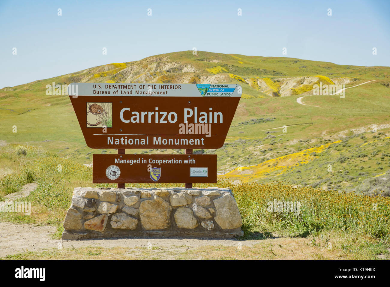 Ingresso segno di Carrizo Plain Mounment nazionale, California, U.S.A. Foto Stock