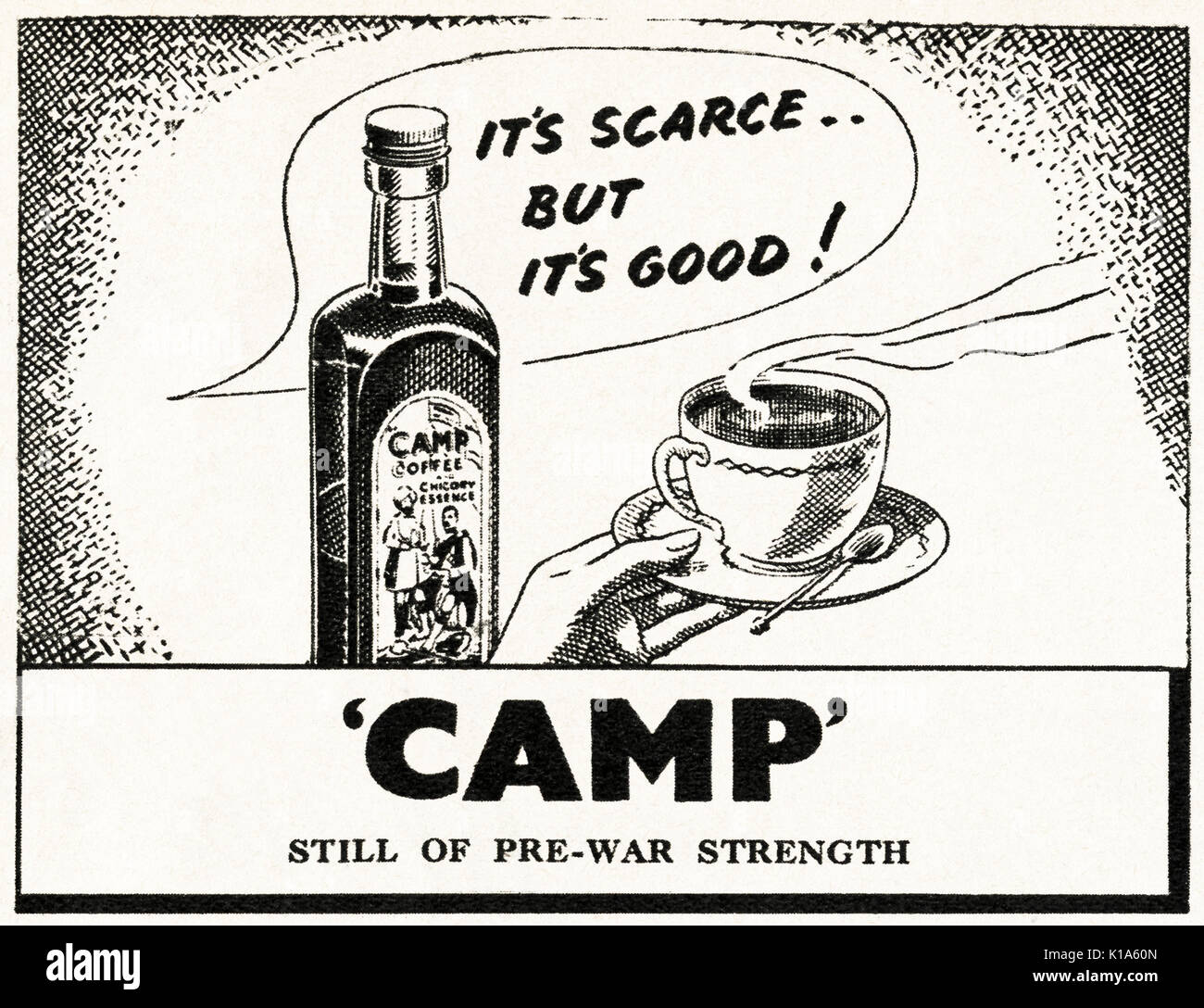 1940s vecchio vintage originale inserzione pubblicitaria Caffè Camp in magazine 1946 circa quando i materiali di consumo sono state ancora limitato sotto post-razionamento di guerra Foto Stock