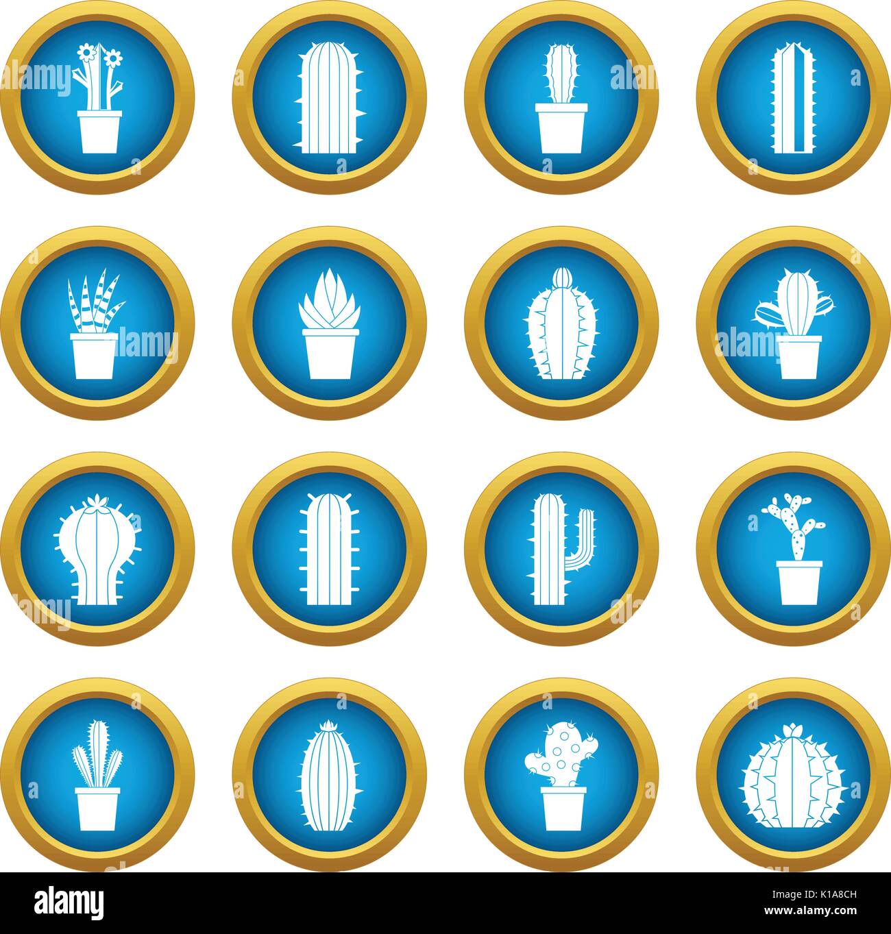 Diverse icone di cactus cerchio blu impostato Illustrazione Vettoriale