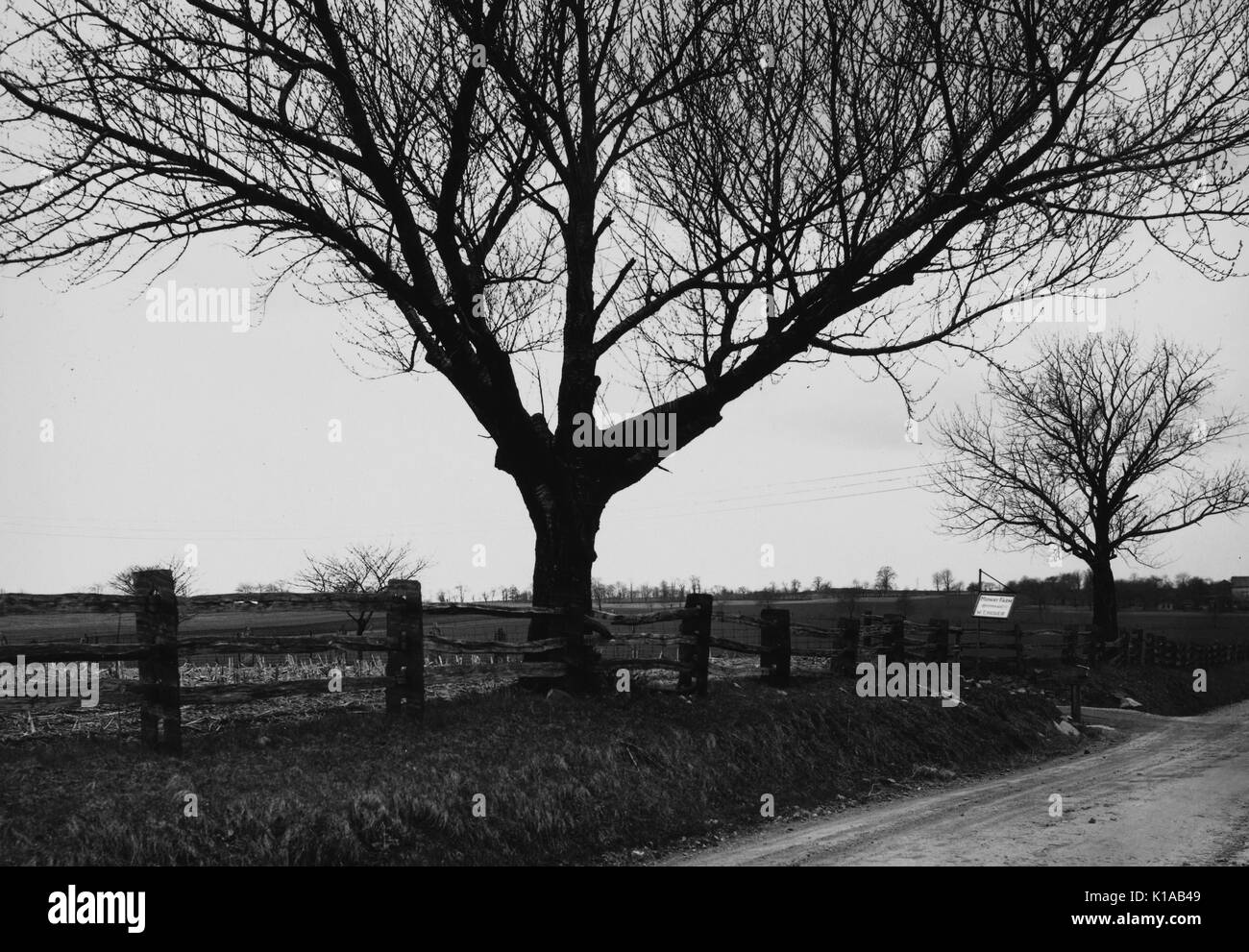 I terreni agricoli e strade di campagna in inverno, circondato da una artigianale di recinzione di legno installata dallo stato, Betlemme, Pennsylvania, 1936. Dalla Biblioteca Pubblica di New York. Foto Stock