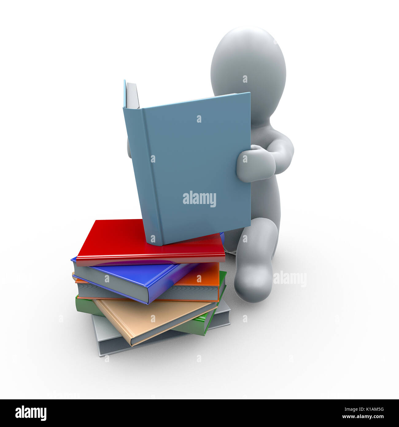 Pupazzo bianco con il libro in mano e della Libreria in background. a studiare e fare i compiti passatempo di lettura Foto Stock