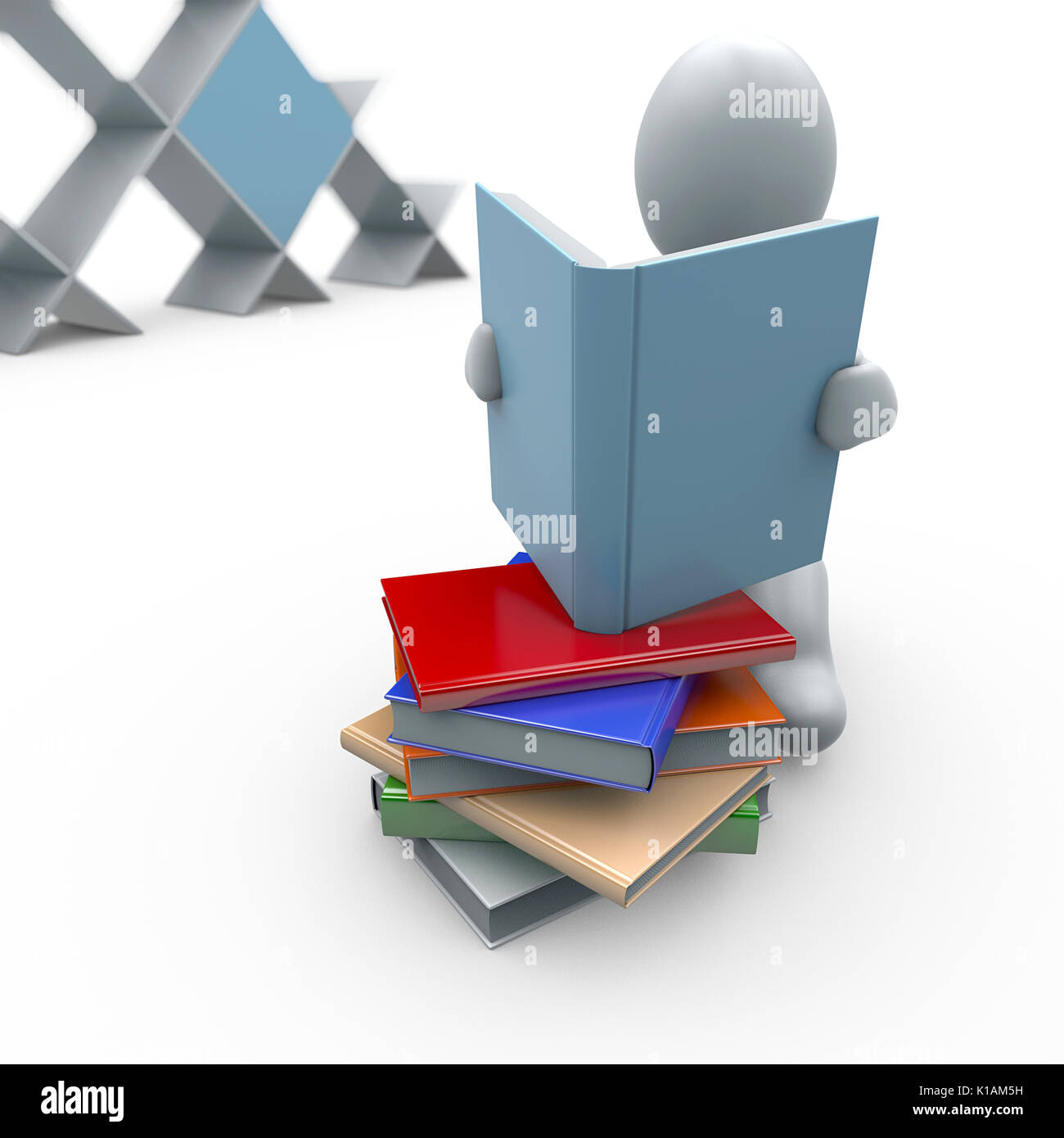 Pupazzo bianco con il libro in mano e della Libreria in background. a studiare e fare i compiti passatempo di lettura Foto Stock