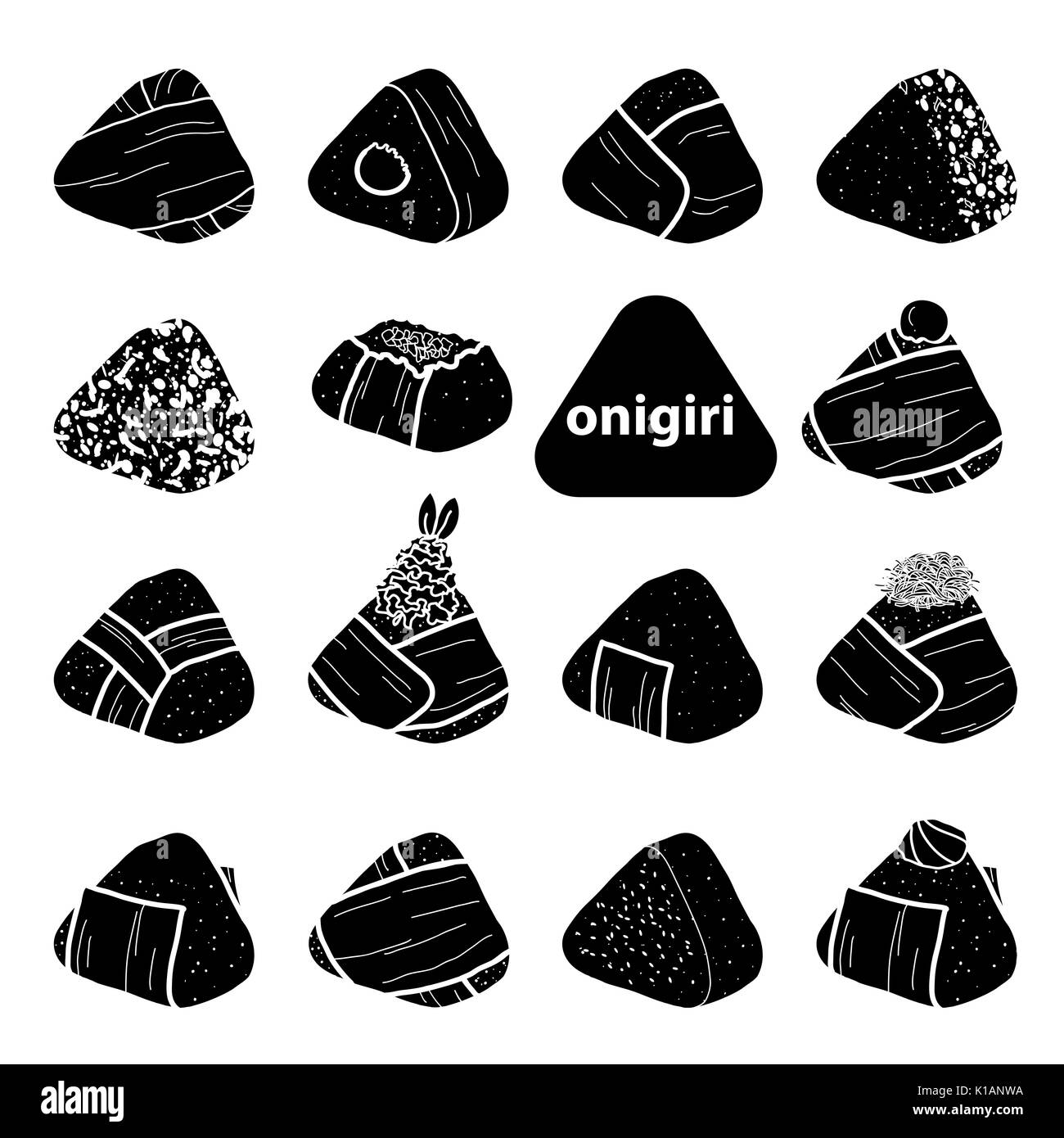 15 stili di silhouette isolato onigiri su sfondo bianco. giapponese palle di riso con nori alghe marine in mano stile disegnato. illustrazione vettoriale. Illustrazione Vettoriale