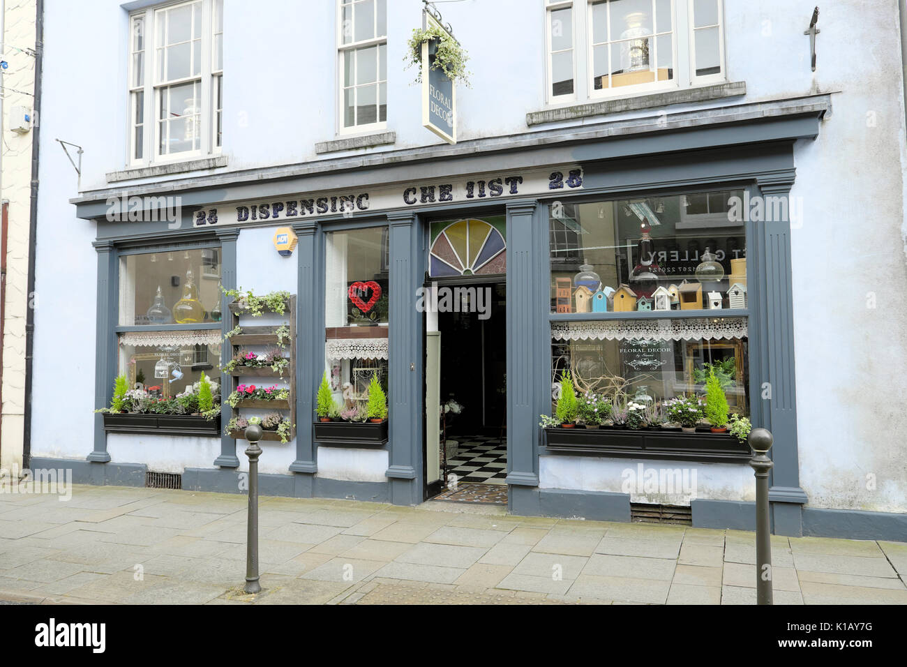 D. Re Morgan del Farmacista acquista ora un fiorista in King Street Carmarthen, Carmarthenshire, Wales UK KATHY DEWITT Foto Stock