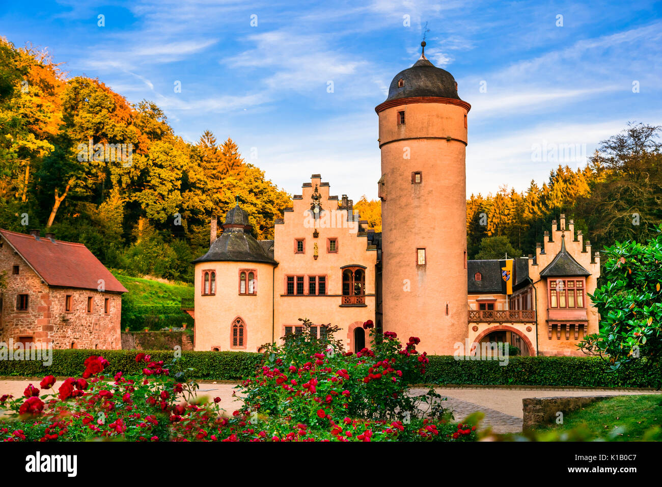 Bellissimi castelli romantici della Germania - Schloss Mespelbrunn Foto Stock