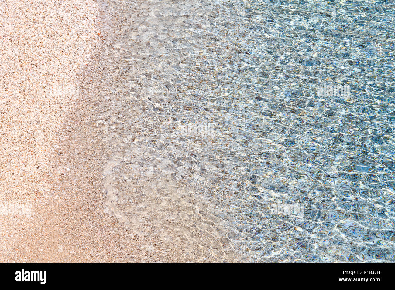 Mare blu che scorre di ondulazione della superficie dell'acqua con onde sulla piccola spiaggia. La natura la configurazione di sfondo. Foto Stock