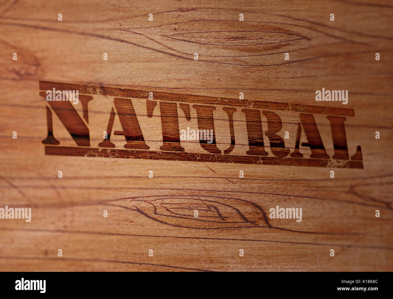 Superficie di legno è timbrato con " naturale " etichetta. Il rendering 3D. Foto Stock