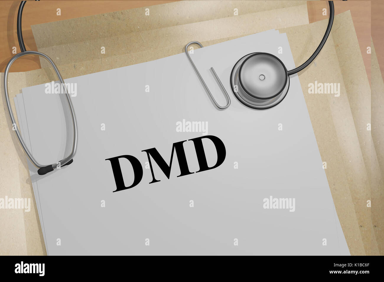 3D illustrazione di "MD" titolo su documenti medici (distrofia muscolare di Duchenne). Concetto Medicial. Foto Stock